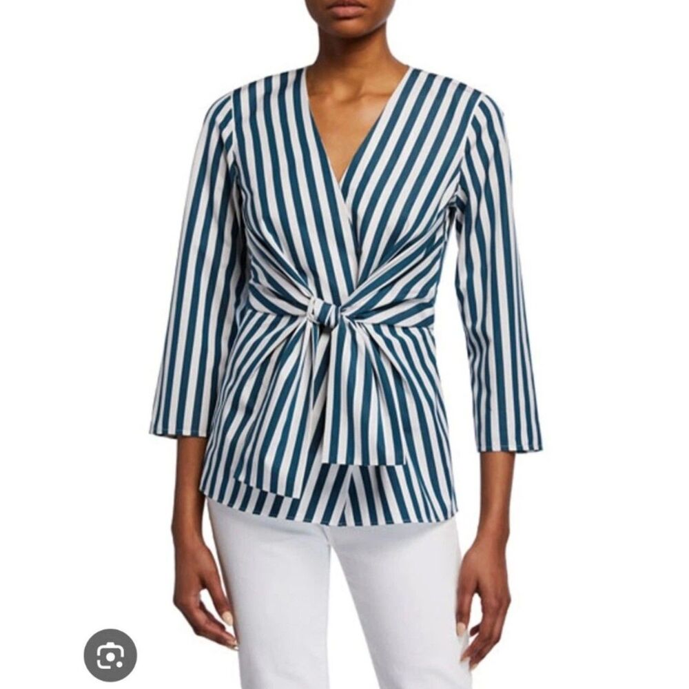 Lafayette 148 Dayana Strada Teal White Tie Front Striped Blouse S NWOT $359